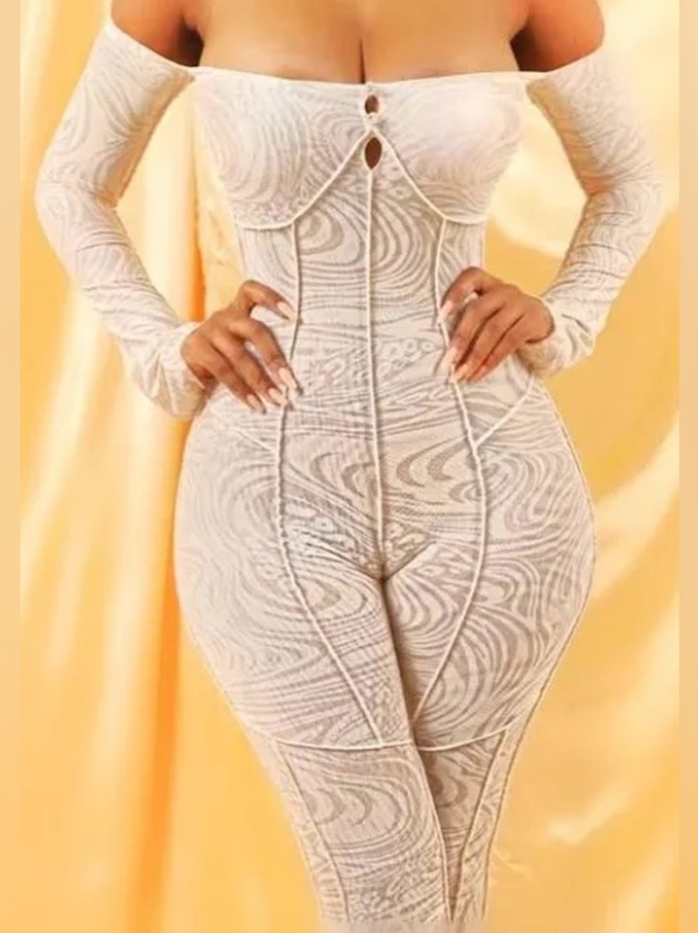 Off-Shoulder Cream Patterned Jumpsuit